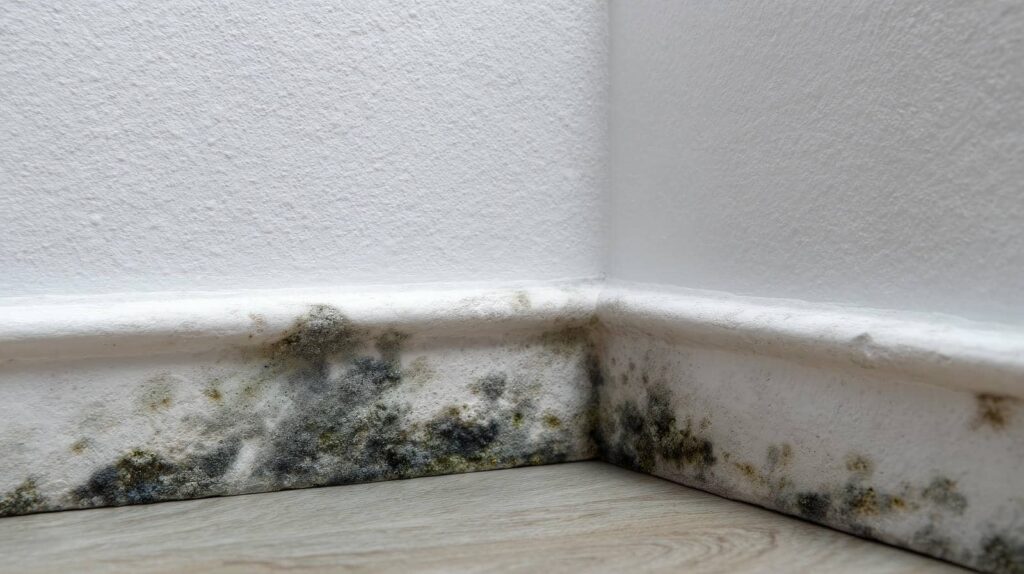 Black and green mold growing along the baseboard in a corner of a white wall.