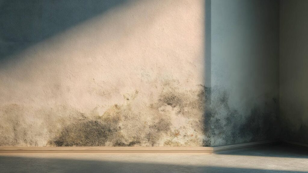 Wall corner with extensive black mold and water damage near the floor.