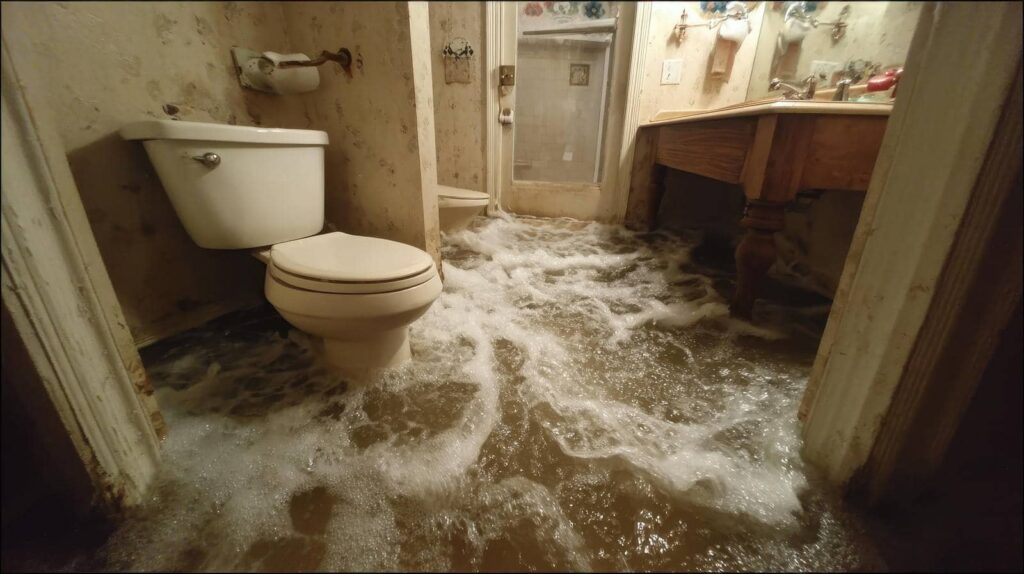 Bathroom flooded with water covering the floor and swirling around the toilet and sink.