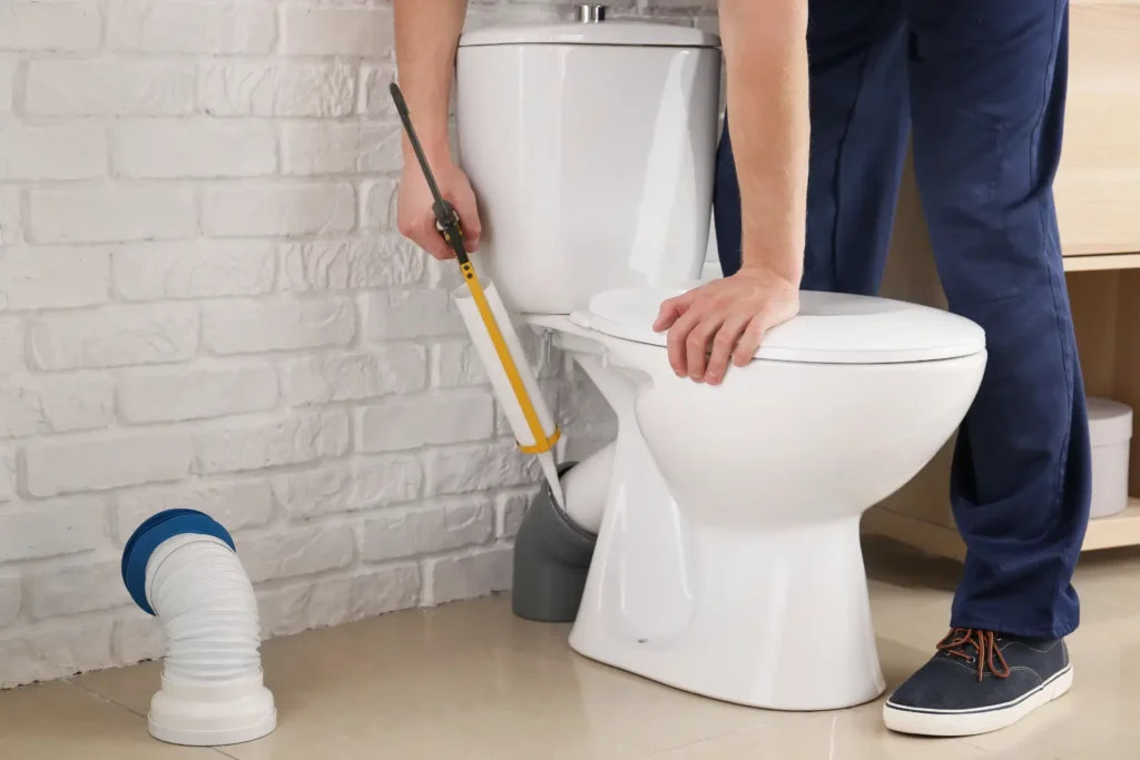 Person applying sealant around the base of a toilet with a caulking gun.