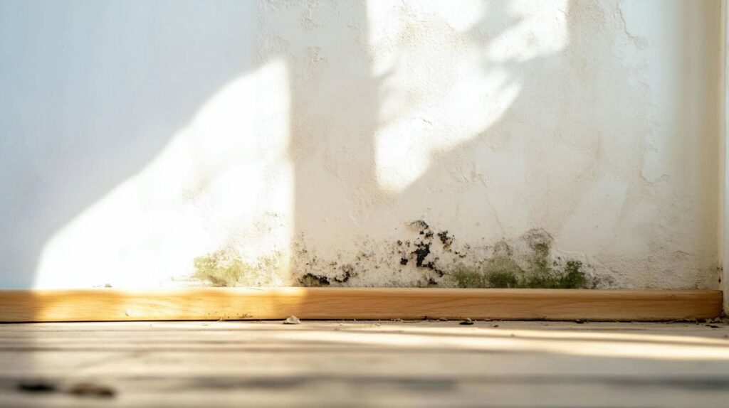 Mold and mildew growing along the base of a white wall with wooden trim.