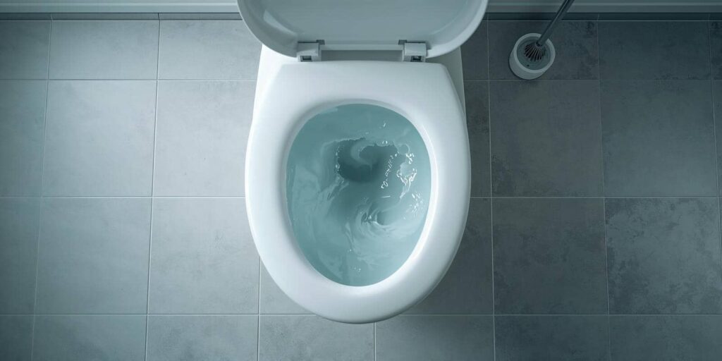 Top view of a flushing white toilet on gray tiled floor with a toilet brush nearby.