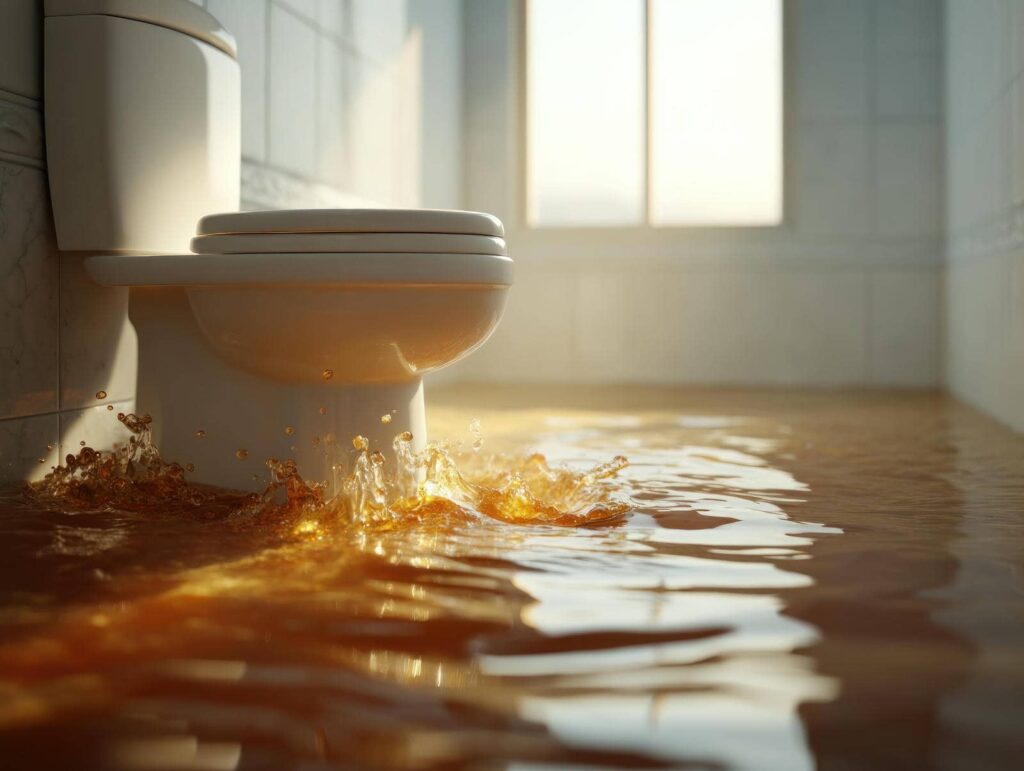 Toilet overflowing with brown water flooding a bathroom floor.