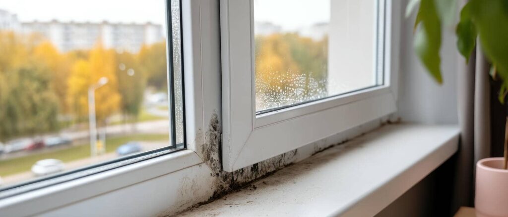Mold growing on the corner of a white window frame and windowsill.