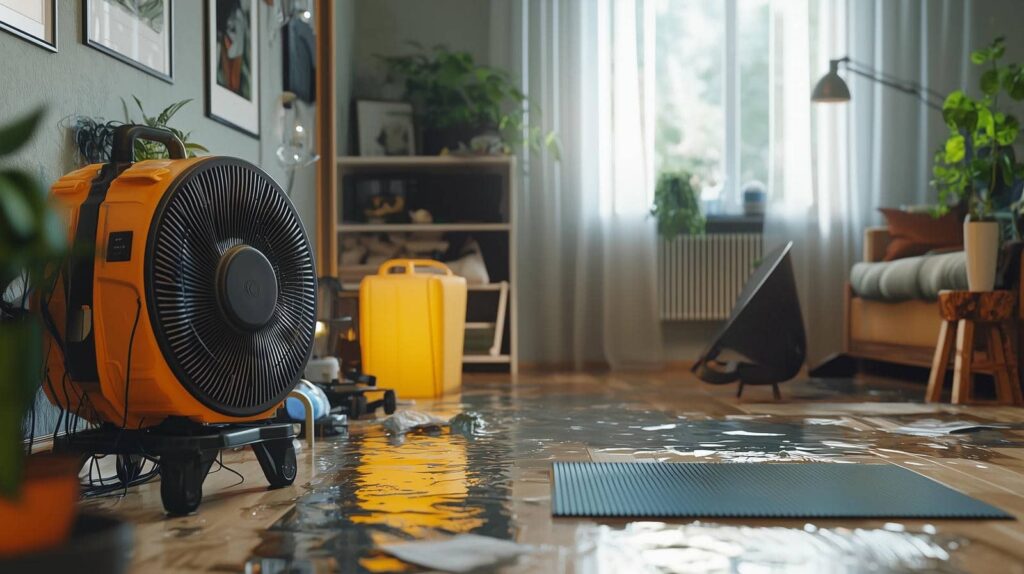 Water flooding a living room floor with a large yellow drying fan and scattered papers.
