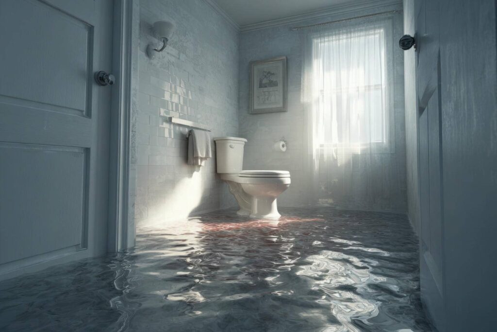 Bathroom flooded with water covering the floor around a toilet and a window with sheer curtains.
