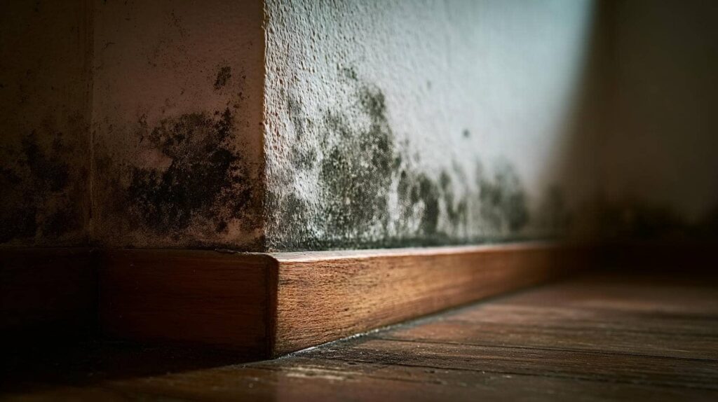 Black mold growing on the corner of a white wall above a wooden baseboard and floor.
